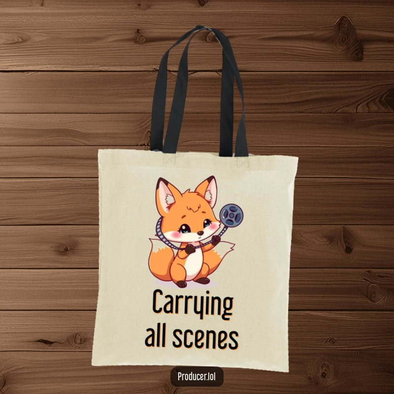 Funny playful fox spinning a film reel on one claw, a humorous and practical tote bag for movie buffs.