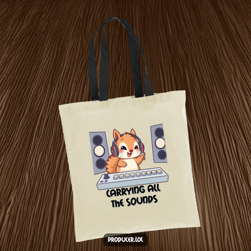 Funny Squirrel Tote Bag: A cute squirrel in a headset enthusiastically operates a soundboard, making it a stylish and humorous accessory for music fans.