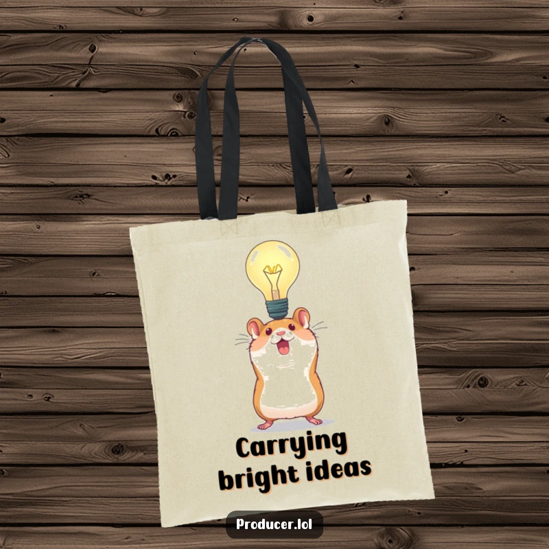 Funny Hamster Idea Tote Bag: An energetic hamster joyfully carries a huge light bulb, ready to transport your essentials with a spark of genius.