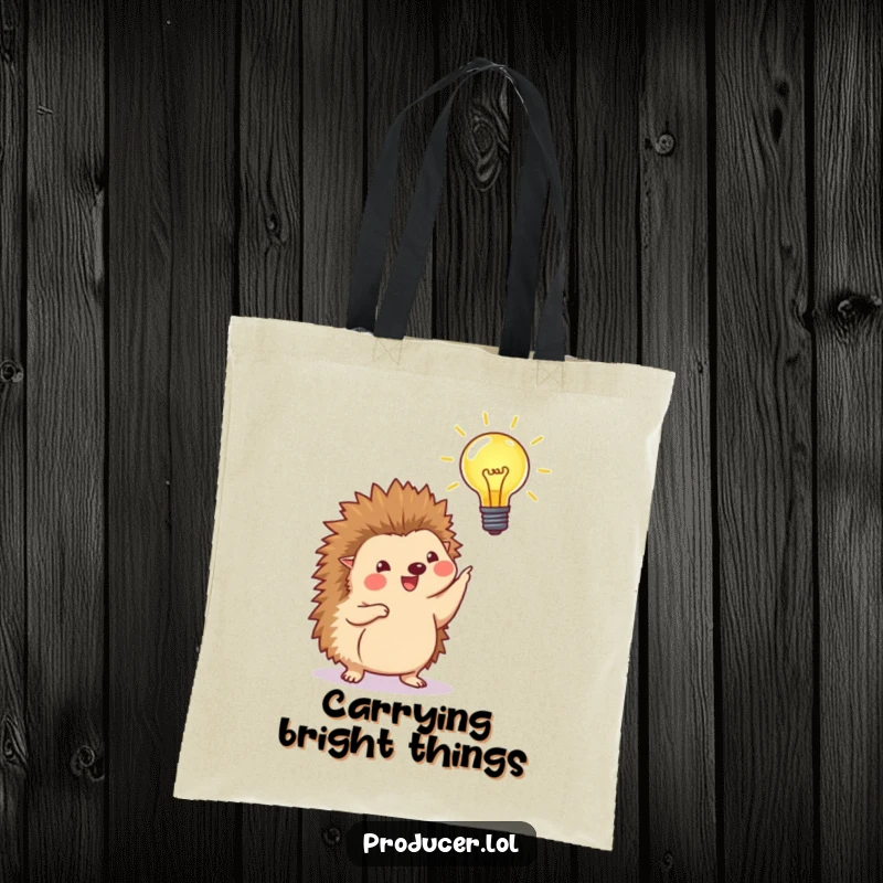 Funny tote bag with a happy hedgehog pointing at a beaming lightbulb, ideal for carrying essentials with a humorous and intelligent flair.