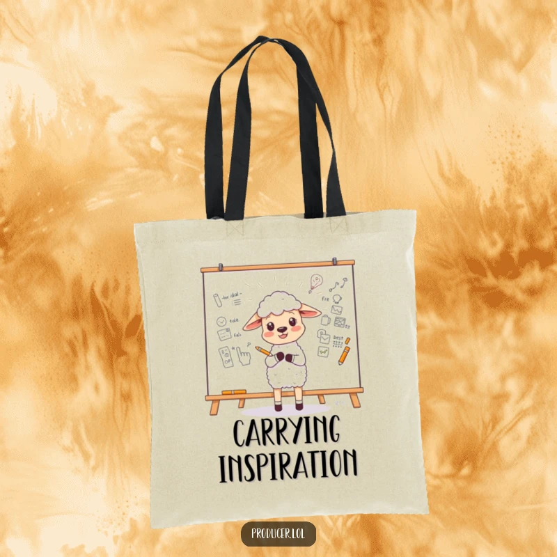 Funny Sheep Tote Bag showing a little sheep enthusiastically sketching a new idea on a large whiteboard, practical funny gift.