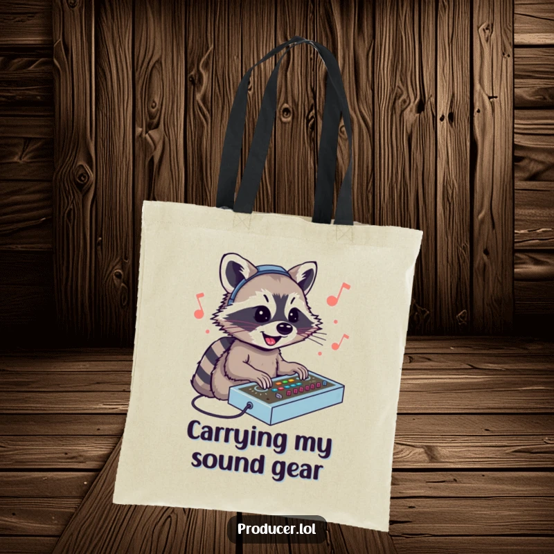Funny Raccoon DJ Tote Bag: A smiling raccoon skillfully operating a sound mixing console, showcasing a love for music and convenience.