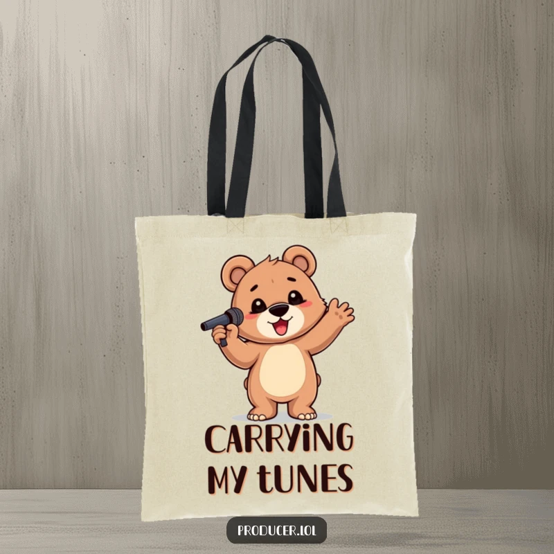 Funny Bear Cub Tote Bag: A proud bear cub with a microphone, ready for a dramatic performance, a hilarious funny gift.