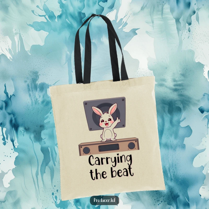 Funny cartoon rabbit enthusiastically pointing at a phantom booming speaker, ready for a party on this stylish tote bag.