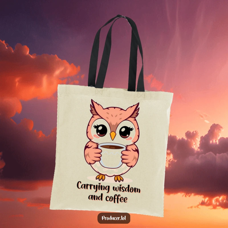 Funny Owl Tote Bag: A smiling owl enthusiastically presents a coffee cup, ready to carry your groceries with a dose of humor.