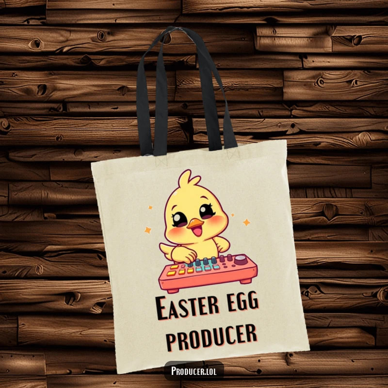 Funny Chick Producer Tote Bag: A cheerful chick tapping on a colorful mixing board, ready to carry music gear and daily items.