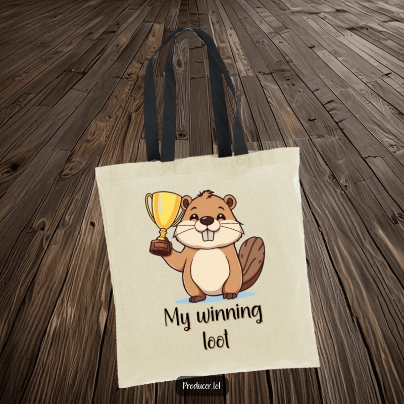 Funny tote bag featuring a determined beaver proudly holding a trophy, perfect for carrying daily items with a winning spirit.