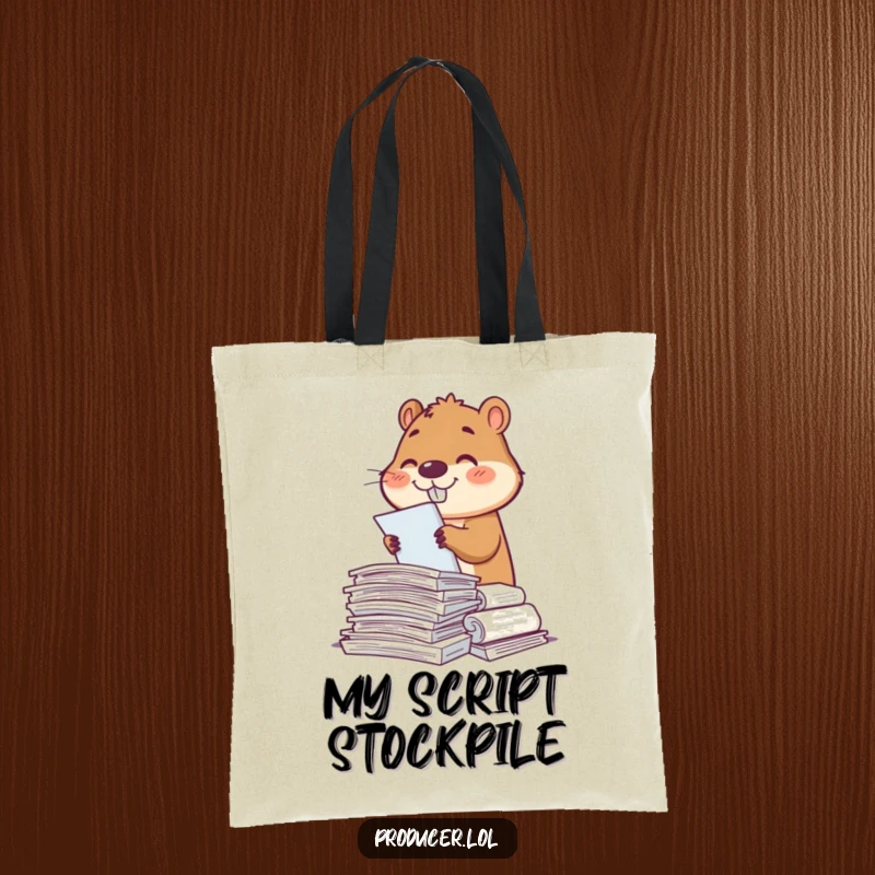 Funny beaver character carrying a tote bag filled with scripts, smiling diligently, ready for any organizational task.