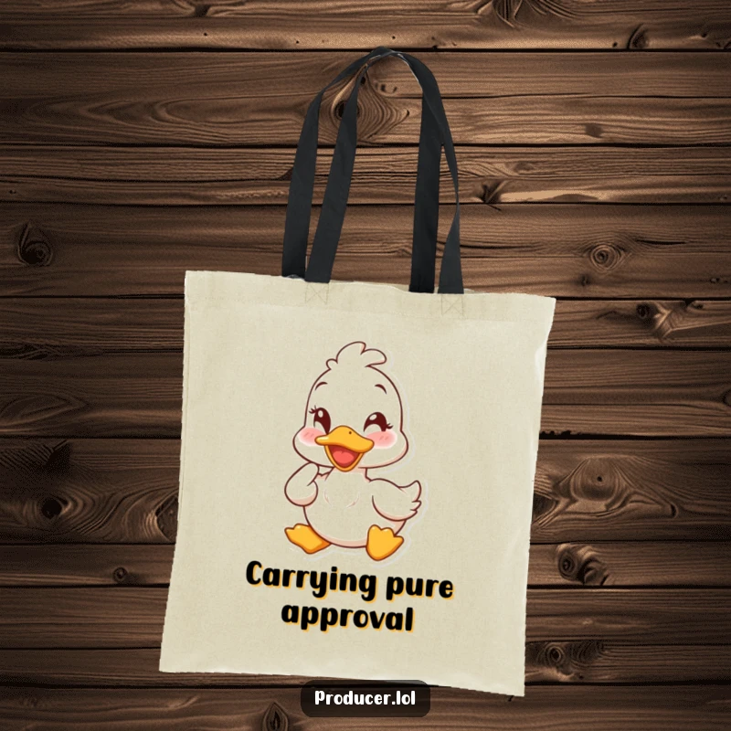 Funny duck tote bag with a cheerful duck winking and giving a nod, ideal for carrying daily essentials with humor.