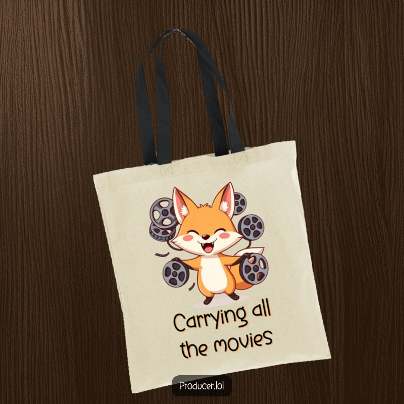 Funny Fox Juggling Tote Bag: A playful fox with a goofy grin juggles film reels, a stylish and humorous accessory for cinephiles.