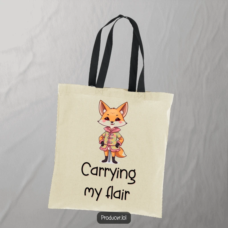Funny Fox Tote Bag showing a confident fox designing a colorful costume on a mannequin with a flourish, practical funny gift.