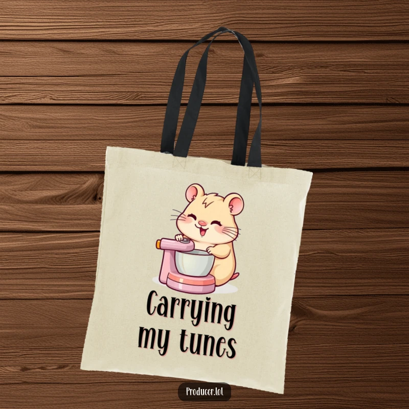 Funny hamster concentrating hard while spinning a mixing board, printed on a durable tote bag for DJs.