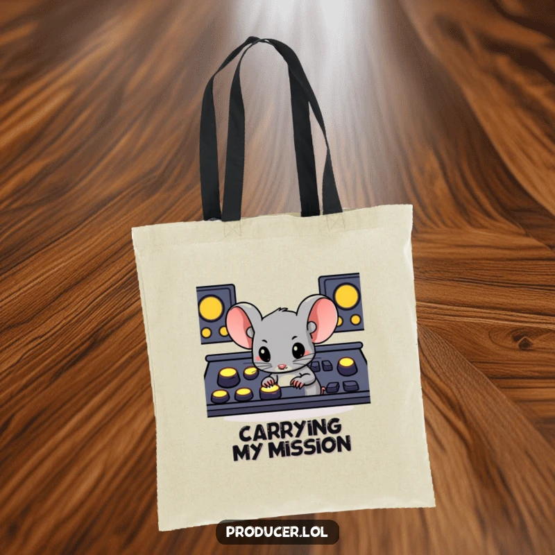Funny determined mouse pressing large glowing buttons on a console, a humorous and practical tote bag for gamers.