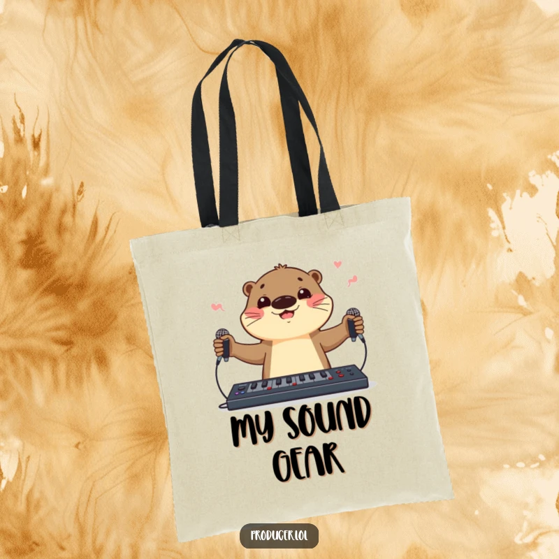 Funny cartoon otter tote bag juggling microphones and a soundboard, showcasing musical talent and a playful, carry-all attitude.