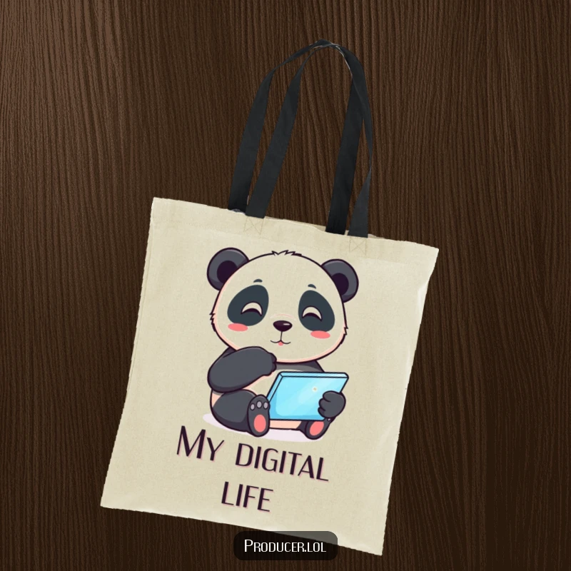 Funny playful panda tapping its chin thoughtfully while holding a glowing tablet, durable tote bag, humorous accessory for tech enthusiasts.