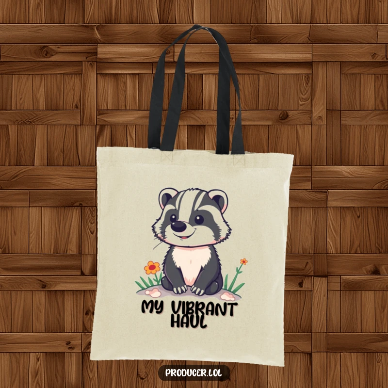 Funny tote bag illustration of a proud badger standing tall, surveying a brilliantly lit and colorful stage or vibrant set.