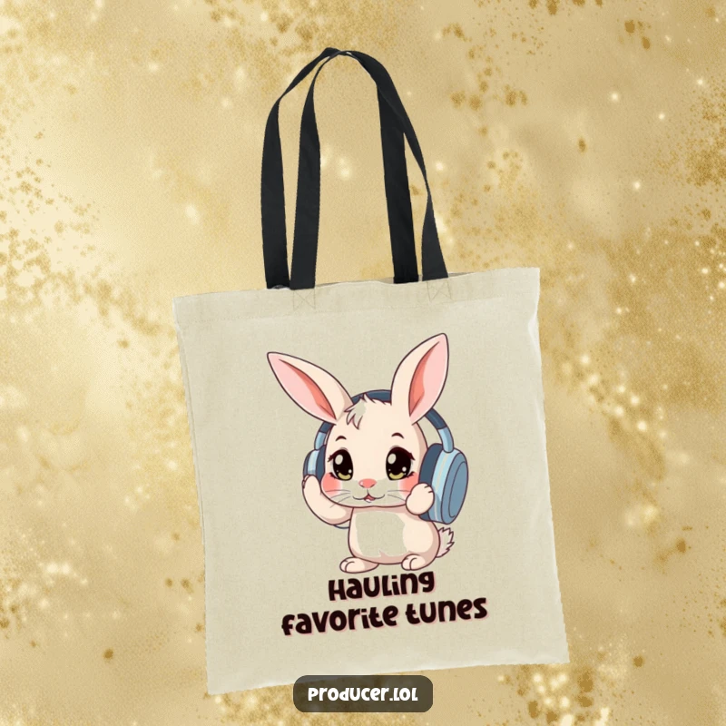 Funny curious rabbit with wide eyes adjusting large headphones, a humorous and practical tote bag for everyday use.
