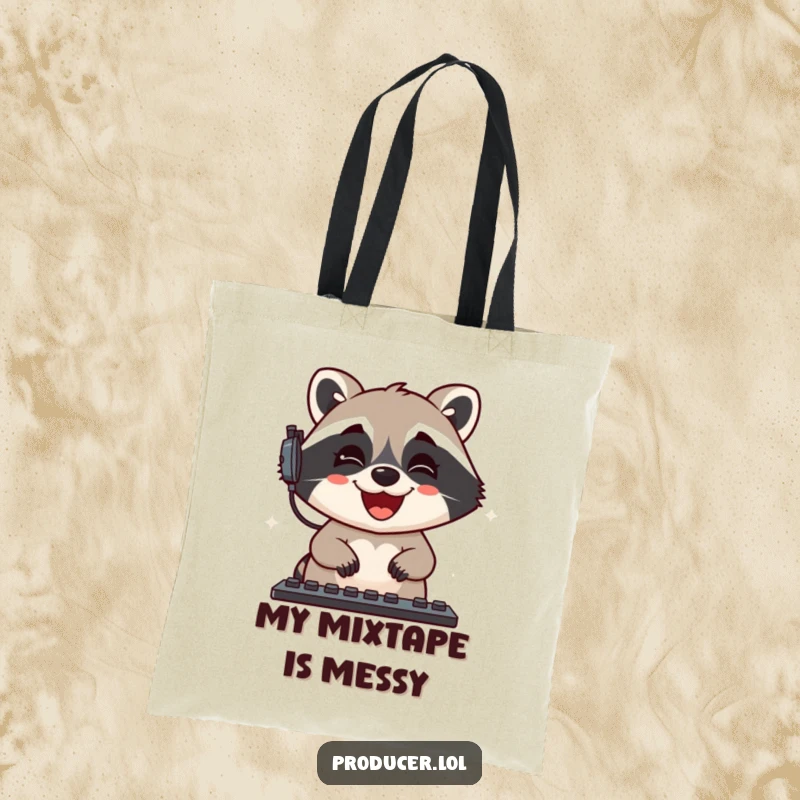 Funny Raccoon Tote Bag: A delighted raccoon gleefully adjusts sound levels, perfect for carrying audio equipment or daily essentials.