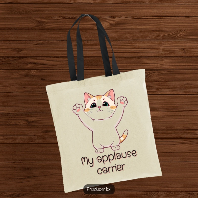 Funny cat tote bag featuring a cat giving a standing ovation with paws in the air, symbolizing enthusiastic approval.