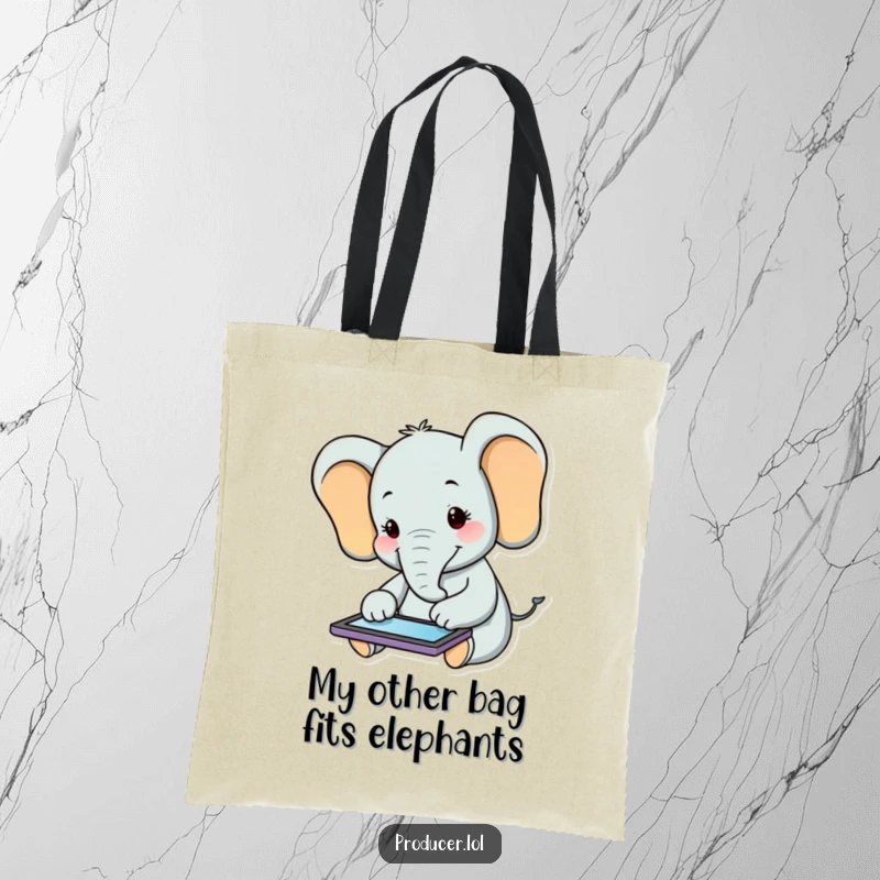 Funny Elephant Tote Bag: A cheerful elephant sits contentedly, engrossed in its tablet, perfect for everyday use.
