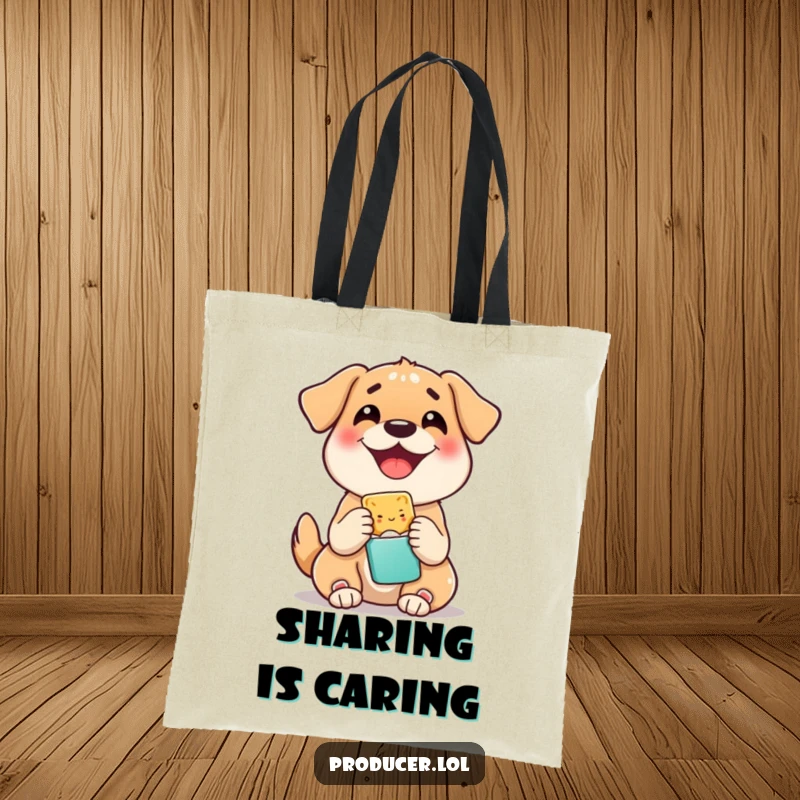 Funny tote bag with a happy dog sharing a snack, symbolizing joy and generosity, a practical and humorous accessory for pet owners.